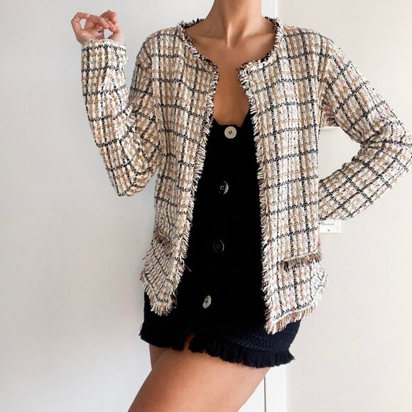 Forel Sweaters - Cream & black plaid tweed metallic fringe blazer cardigan | Size XL